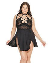 Halter Neck & Underwire Cup Babydoll & G-String Black 1X/2X