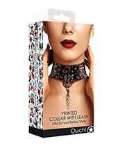 Shots Ouch Old School Tattoo Style Printed Collar w/Leash- Black