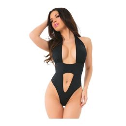 Pink Lipstick Deep Plunge Bodysuit Black (size: M/L)