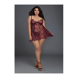 Eyelash Lace Babydoll w/Underwire Cups & Lace Thong Mulberry (size: MD)