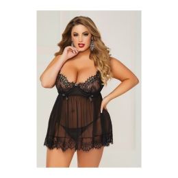 Eyelash Galloon Lace & Mesh Babydoll & Thong Black (size: SM)