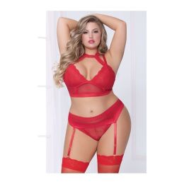 Lace & Netting Long Line Bra, Garter Belt & Open Crotch Thong Red (size: MD)