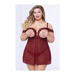 Lace & Mesh Open Cups Babydoll w/Fly Away Back & Panty Wine (size: MD)